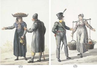 Jan Anthonie Langendyck - Un homme en guêtres parlant à une femme revenant du marché avec un plateau de pommes; et Un soldat parlant à une femme revenant du marché avec des salades et des radis