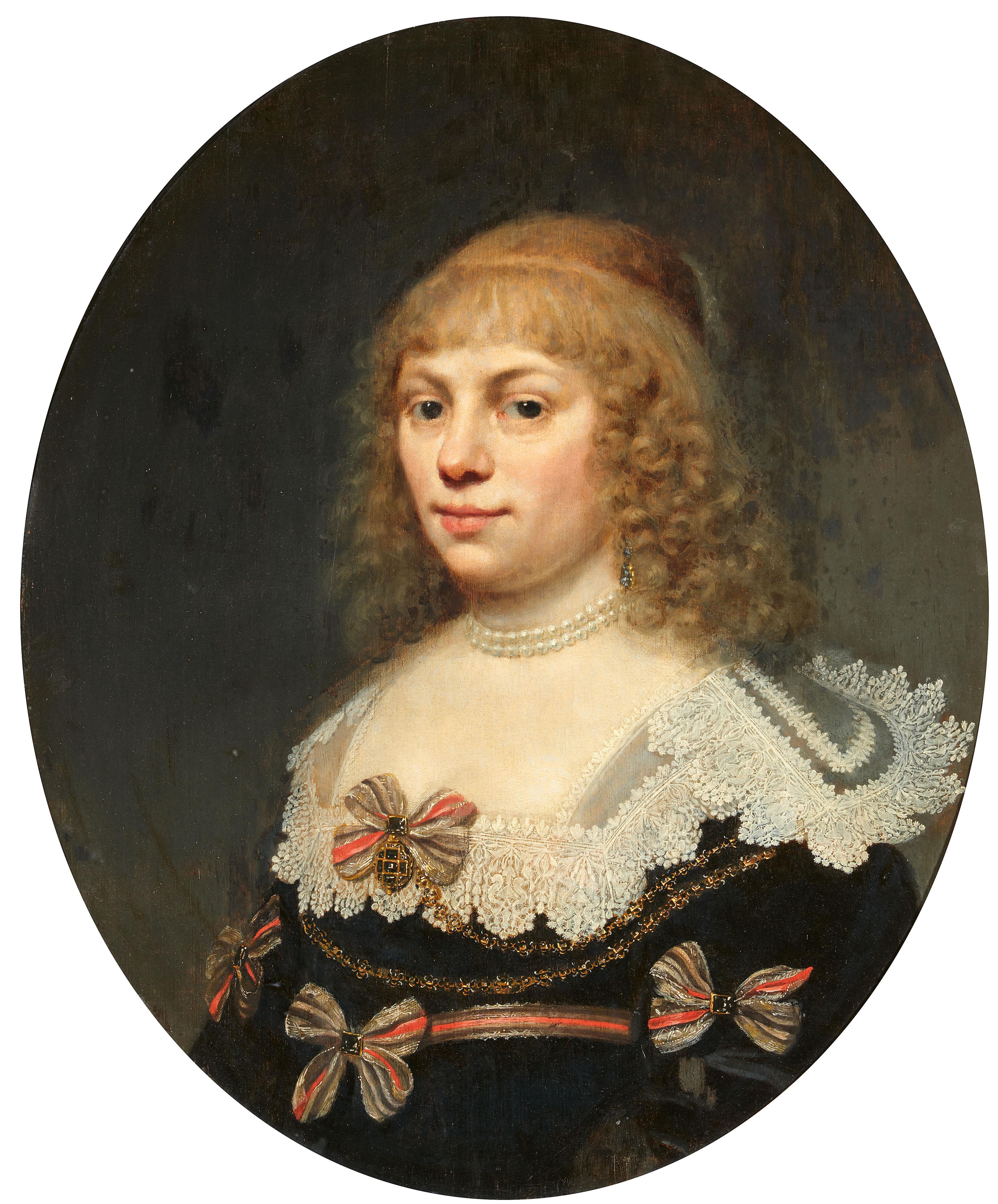 Jan Anthonisz. van Ravesteyn - Paar Portraits: Bildnis eines Mannes im schwarzen Gewand mit weissem Kragen, und Bildnis einer Frau im dunklen, mit Schleifen besetztem Kleid