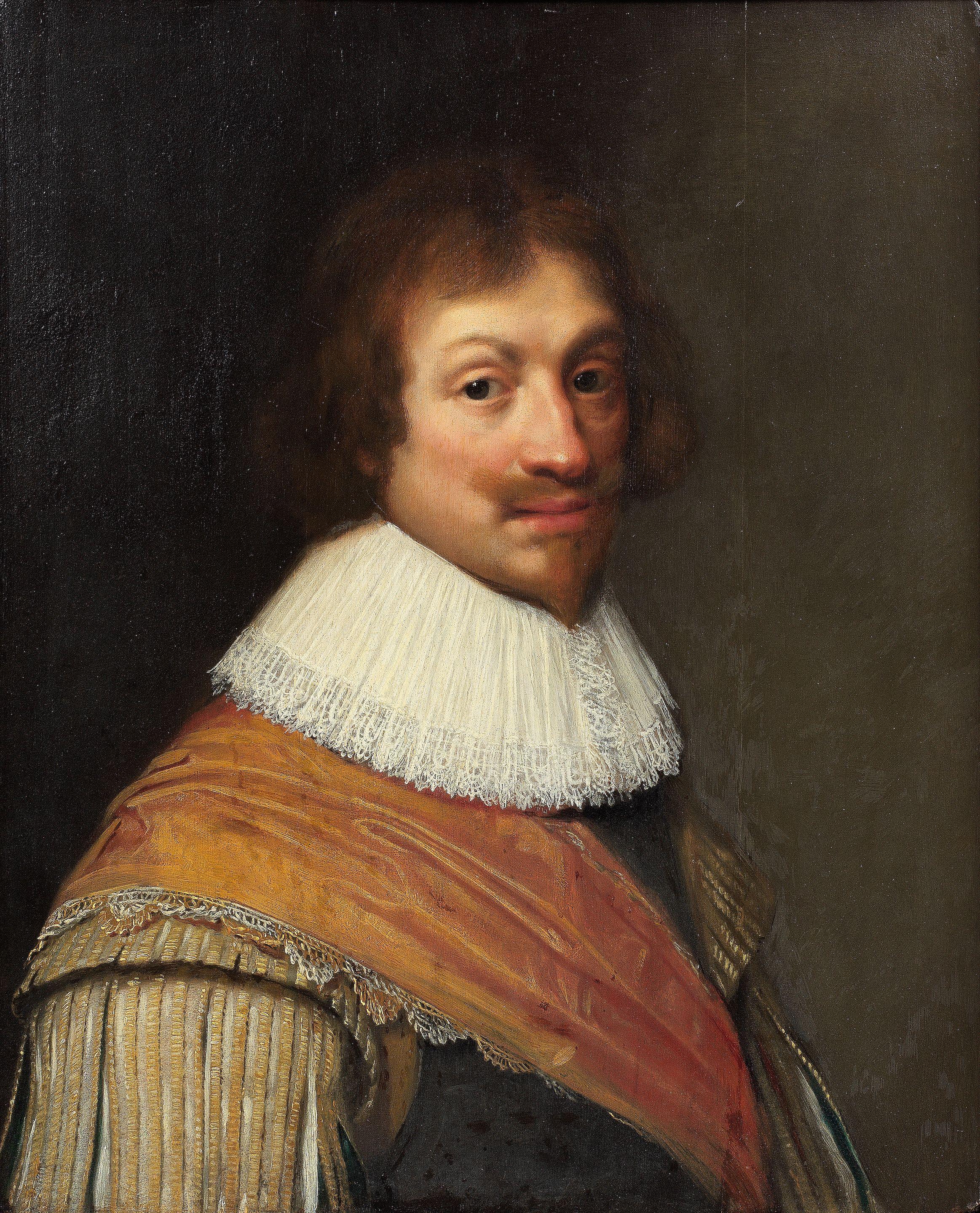 Jan Anthonisz. van Ravesteyn - Portrait of a gentleman, bust-length, in dark costume with white and gold striped sleeves and a pink sash