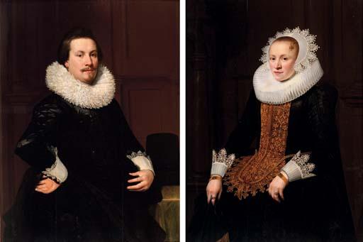Jan Anthonisz. van Ravesteyn - Portrait of a gentleman, three-quarter-length, in a black coat and lace collar; and Portrait of a lady, three-quarter-length, in a black dress with gold trim and a lace collar and headdress