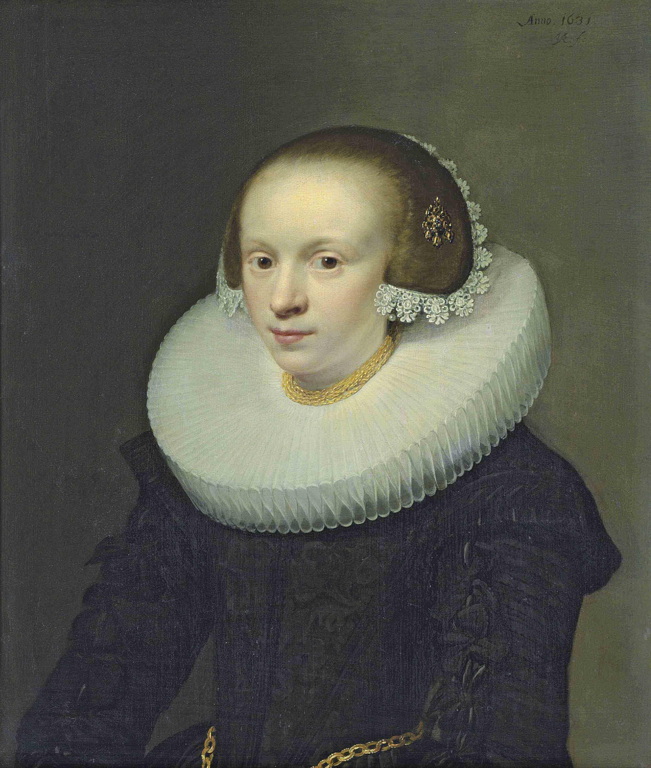 Jan Anthonisz. van Ravesteyn - Portrait of a lady, half-length, in a black dress with a ruff, gold chains around her neck and waist, lace headdress and a jewel in her hair