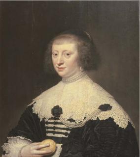 Jan Anthonisz. Van Ravesteyn - Portrait of a lady, half-length, in a black dress with lace collar and cuffs, a lemon in her right hand