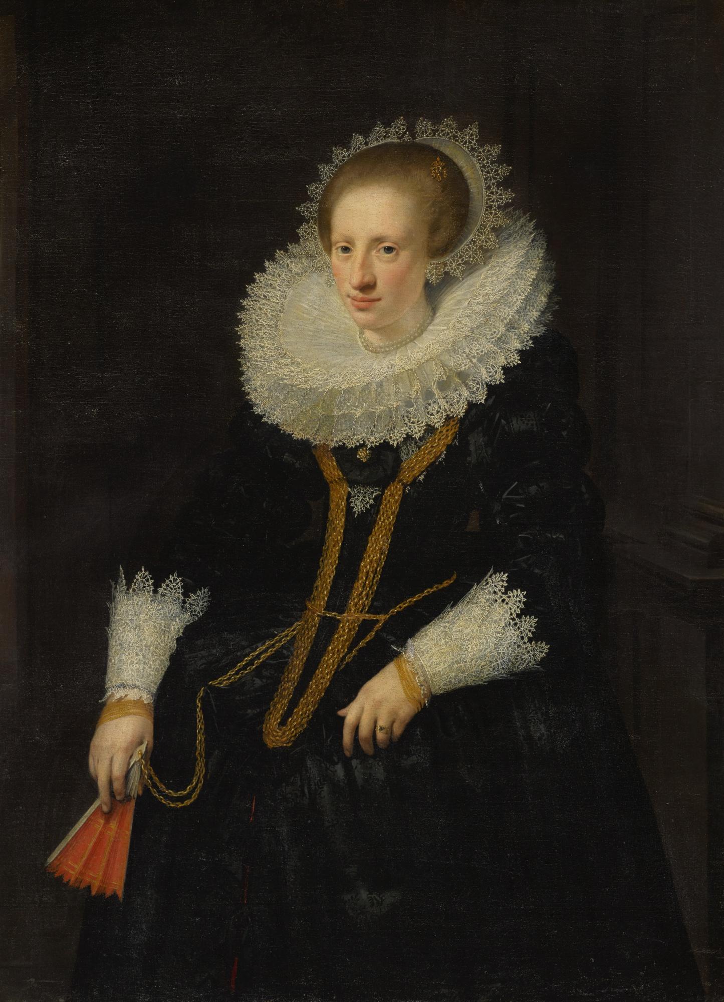 Jan Anthonisz. Van Ravesteyn - Portrait Of A Lady, Three-Quarter Length, In A Wide Lace Collar, Holding A Fan