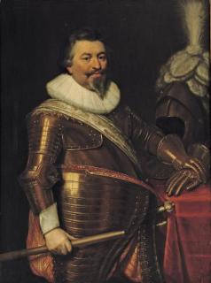 Jan Antonisz. Van Ravesteyn - Portrait of an officer, three-quarter-length, in armour with a white sash and molensteenkraag, standing beside a draped table with gloves and a helmet