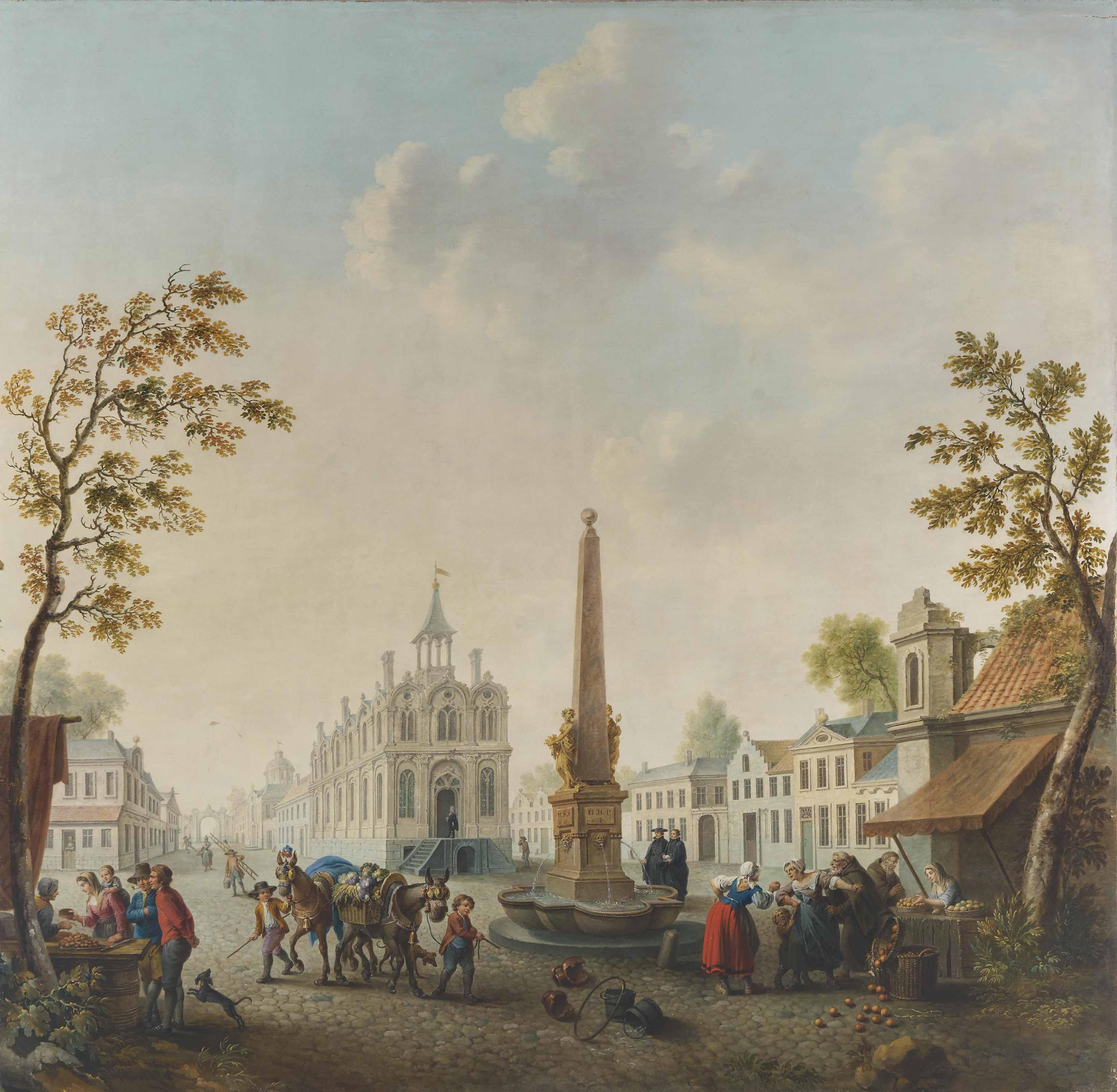 Jan Antoon Garemyn - A continental town square with street vendors by a fountain and boys leading mules with flower baskets