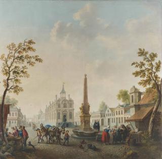 Jan Antoon Garemyn - A continental town square with street vendors by a fountain and boys leading mules with flower baskets