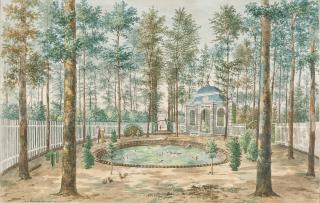 Jan Arends - Holländische Parklandschaft mit Pavillon, Hühnern und