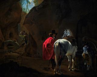 Jan Asselijn - A Gentleman With A Grey Horse In A Cavernous Landscape