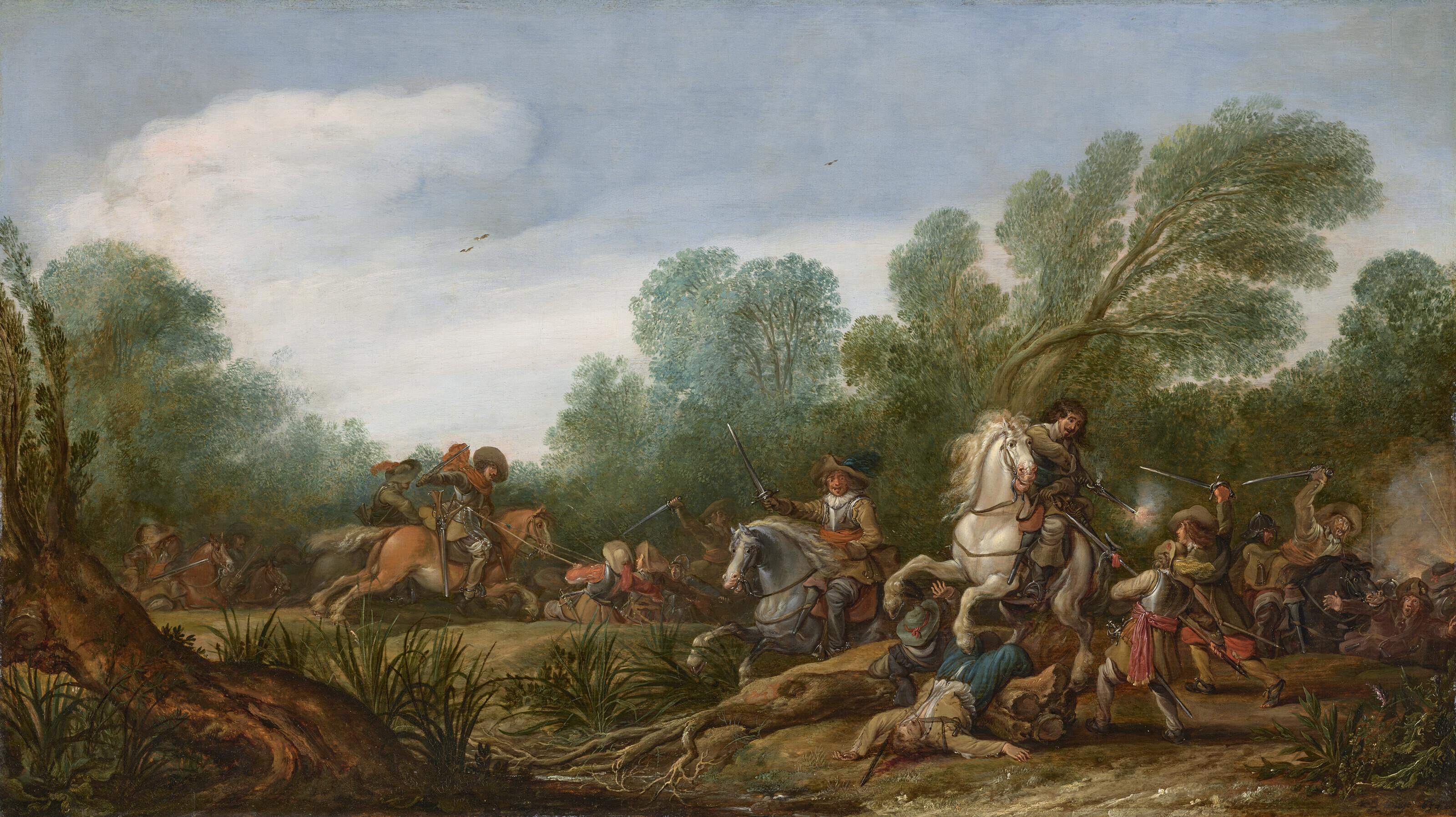 Jan Asselijn - A military skirmish in a wooded landscape