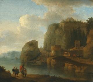 Jan Asselijn - A Rocky River Landscape With Travellers In The Foreground And Ships Beyond