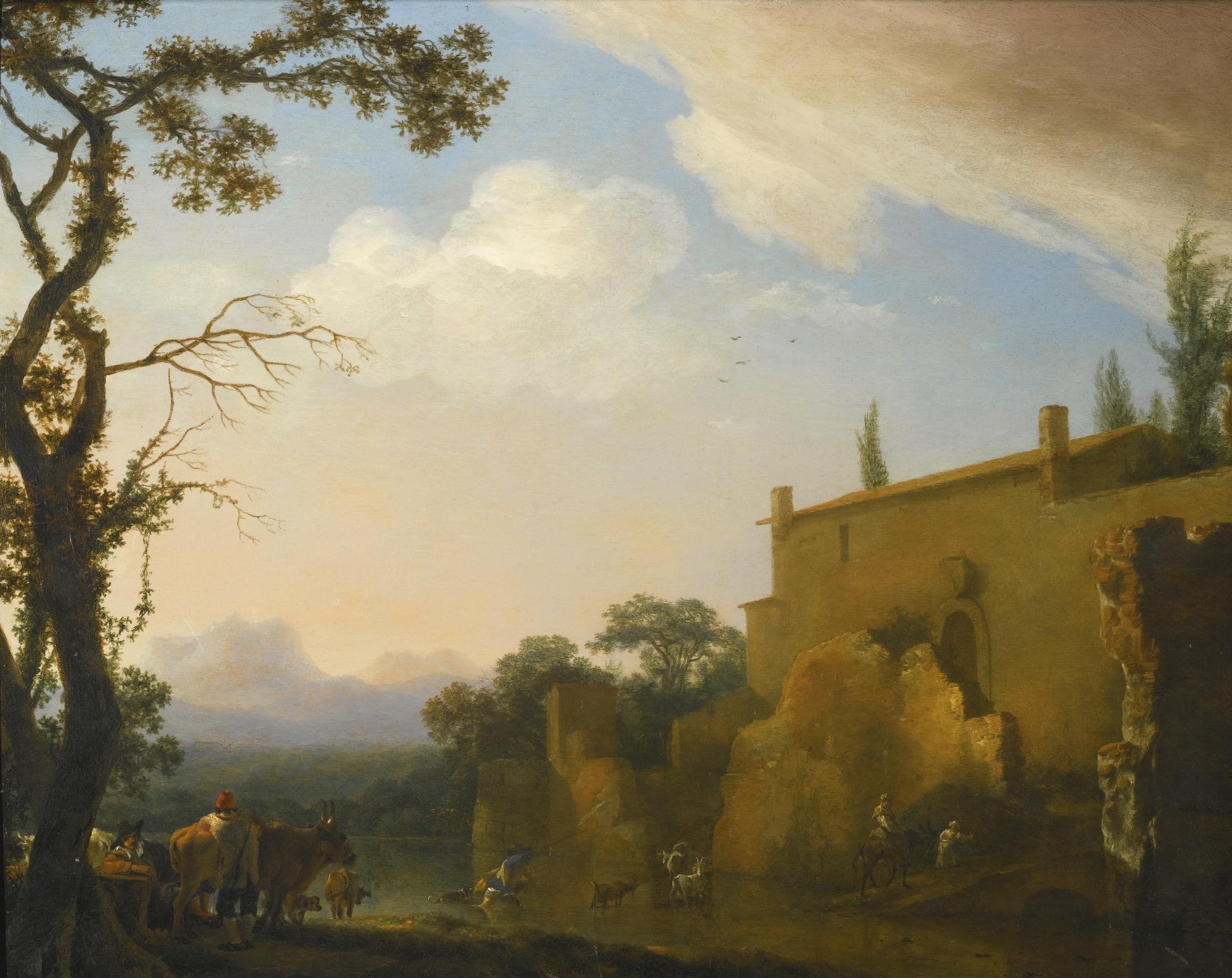 Jan Asselijn - An Italianate Landscape With Peasants And Animals Fording A River