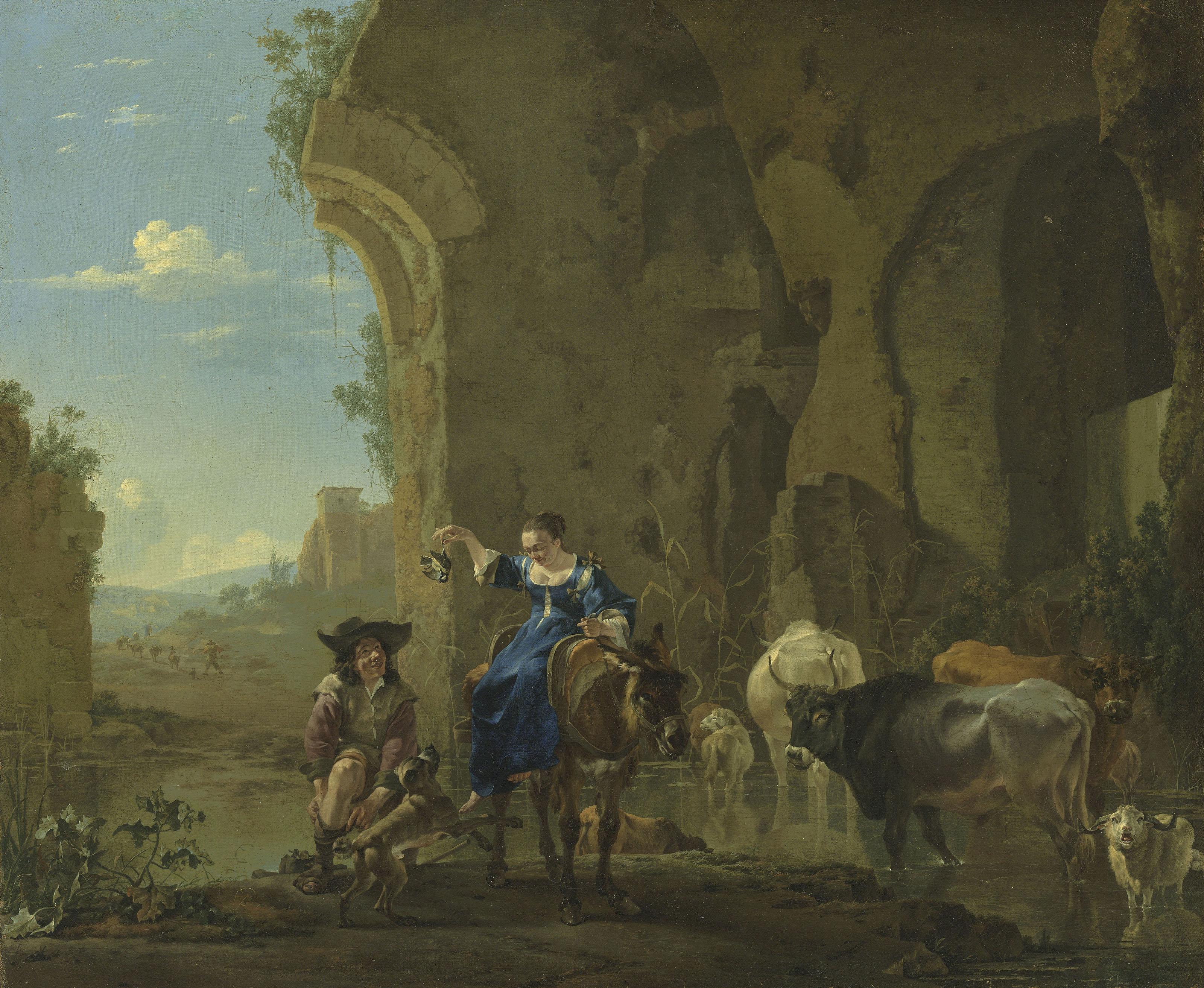 Jan Asselijn - An Italianate landscape with travellers by a stream with cattle