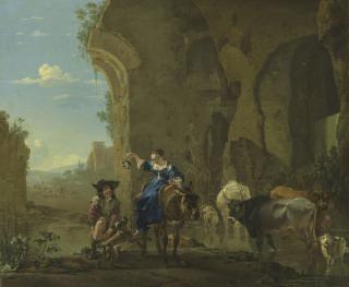 Jan Asselijn - An Italianate landscape with travellers by a stream with cattle