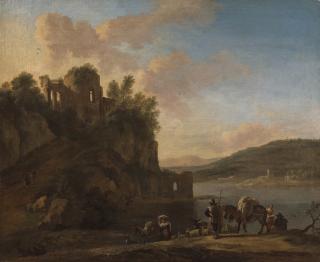 Jan Asselijn - An Italianate River Landscape With Herders On A Path With Their Flock And Donkeys, Classical Ruins On A Hilltop Beyond
