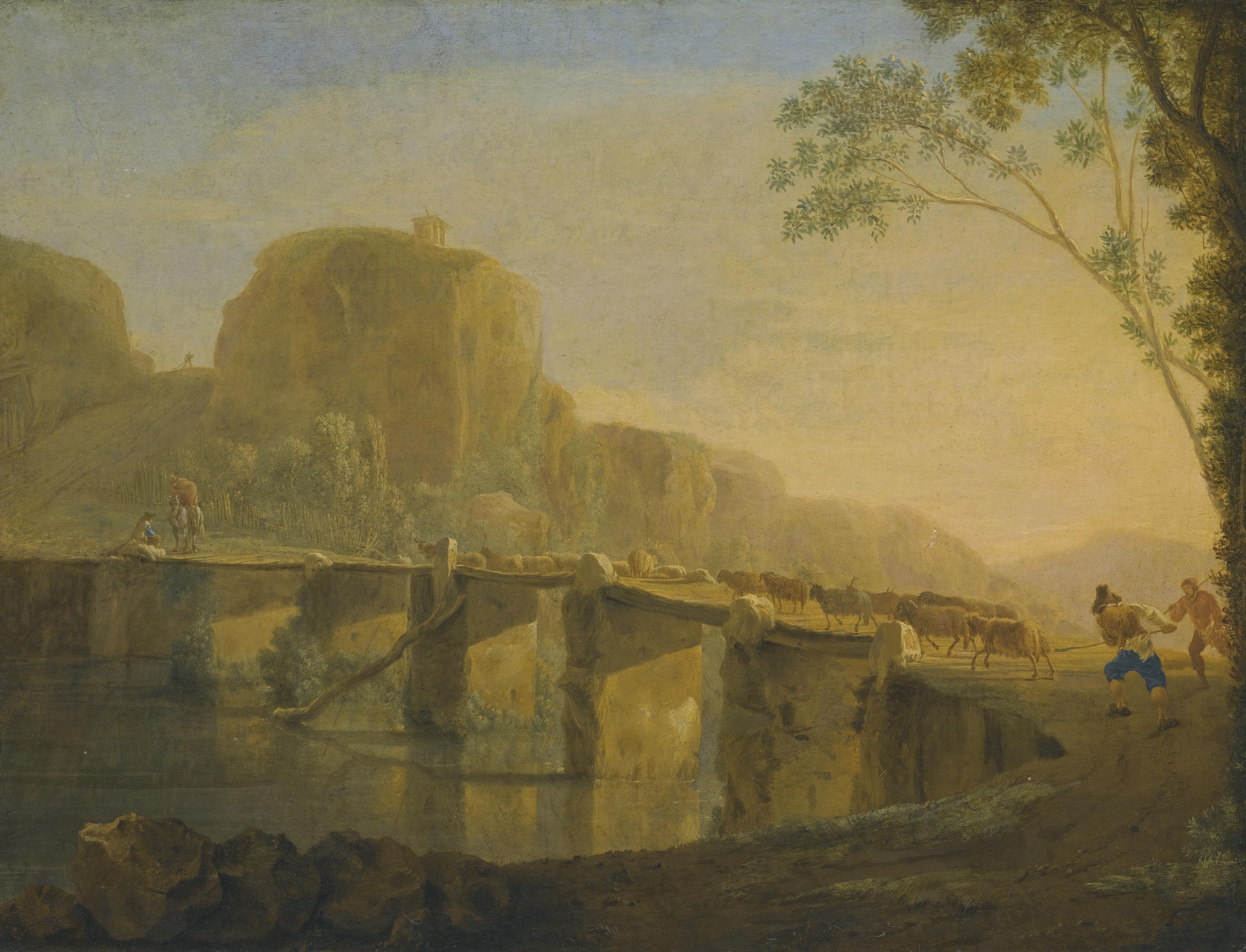 Jan Asselijn - Landscape With Shepherds And Their Flock Crossing The Ponte Acquoria Near Tivoli