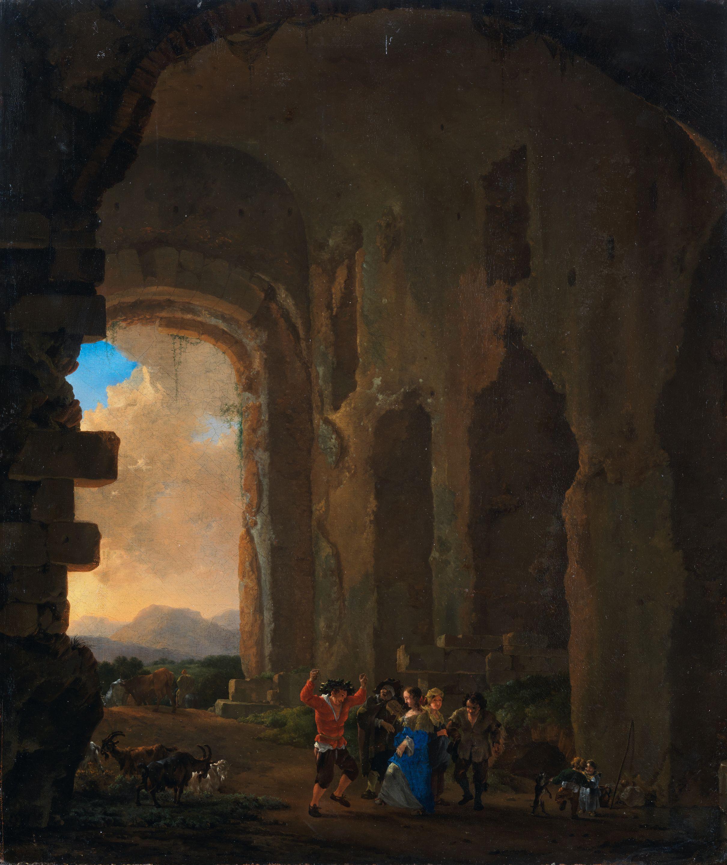 Jan Asselijn - Peasants merrymaking among ruins, an Italianate landscape beyond