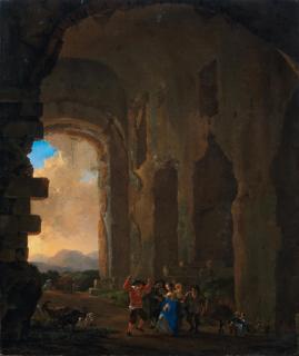 Jan Asselijn - Peasants merrymaking among ruins, an Italianate landscape beyond