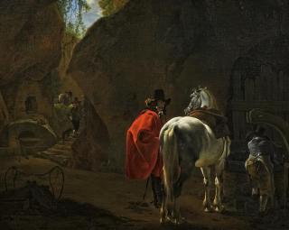 Jan Asselijn - Vornehmer Reiter mit seinem Pferd an der Tränke
