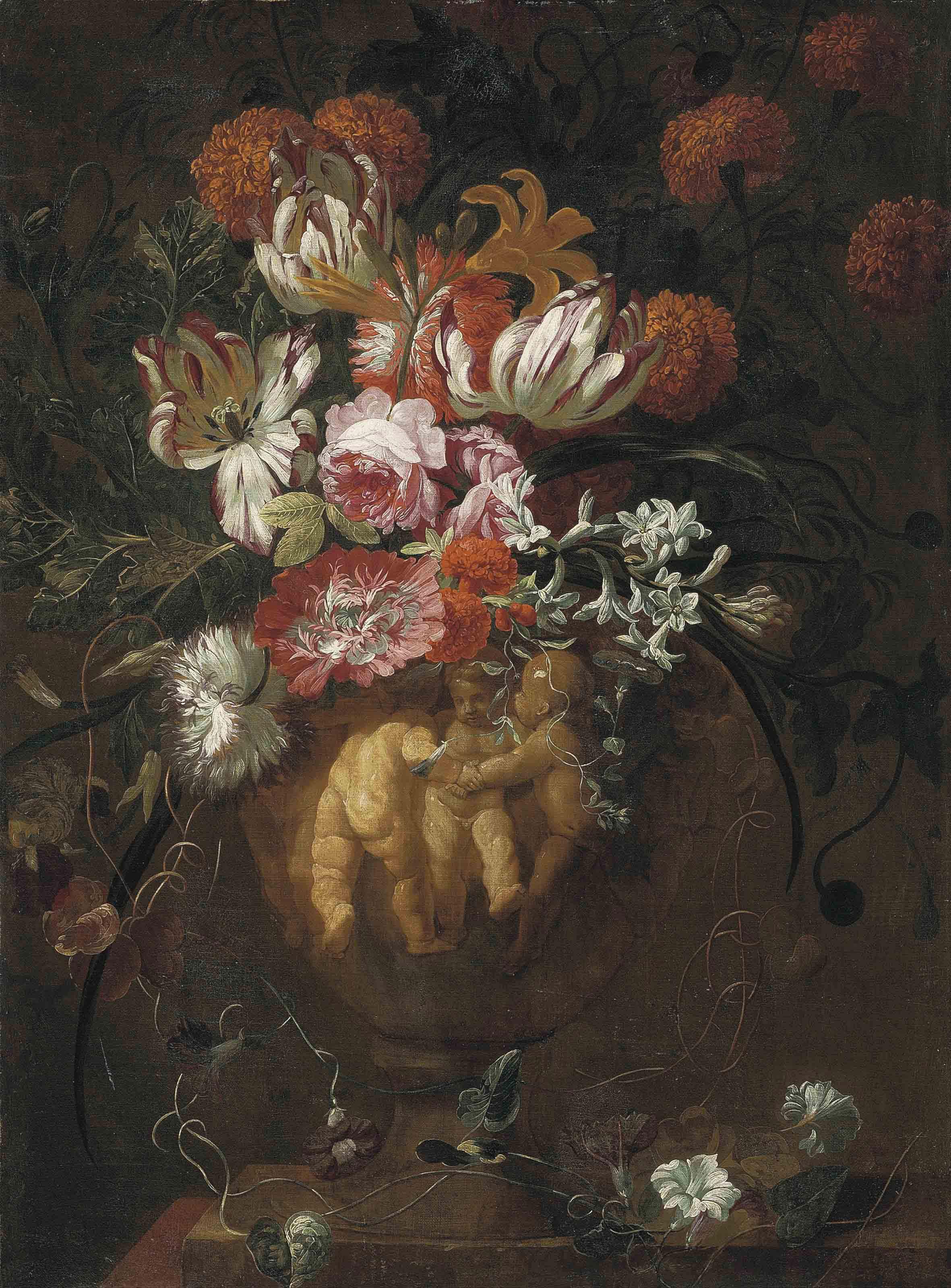 Jan Baptist Bosschaert II - Roses, tulips and other flowers in a sculpted urn with putti in relief, on a ledge