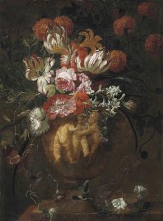 Jan Baptist Bosschaert II - Roses, tulips and other flowers in a sculpted urn with putti in relief, on a ledge