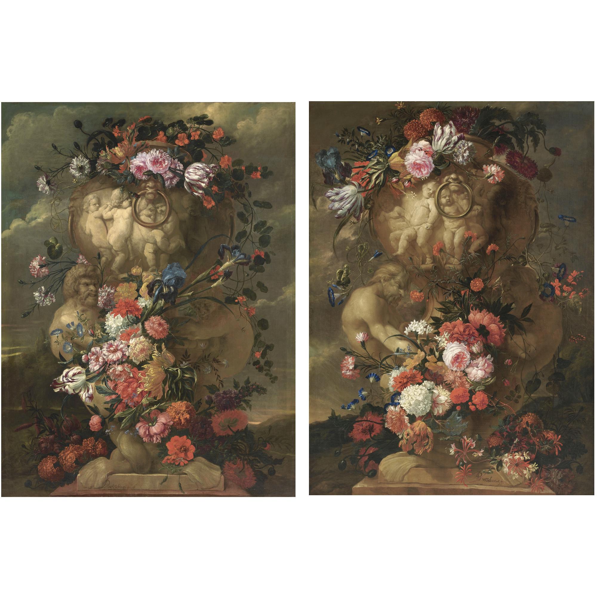 Jan Baptist Bosschaert - A Pair Of Still Lifes Of Elaborate Sculpted Urns Decorated With Carnations, Parrot Tulips, Irises, Morning Glory And Other Flowers