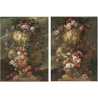 Jan Baptist Bosschaert - A Pair Of Still Lifes Of Elaborate Sculpted Urns Decorated With Carnations, Parrot Tulips, Irises, Morning Glory And Other Flowers