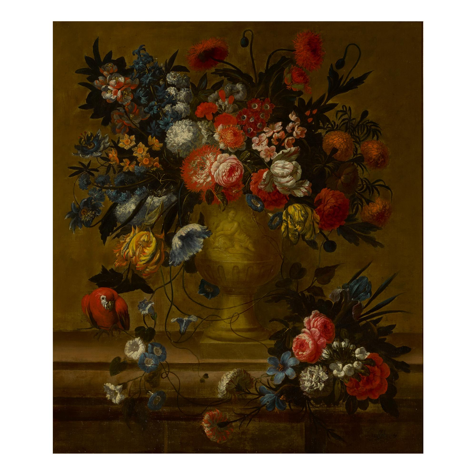 Jan Baptist Bosschaert - A Still Life Of Flowers In A Gilt Vase With A Parrot Nearby, All Atop A Stone Ledge