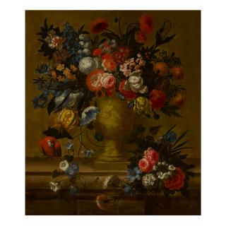 Jan Baptist Bosschaert - A Still Life Of Flowers In A Gilt Vase With A Parrot Nearby, All Atop A Stone Ledge