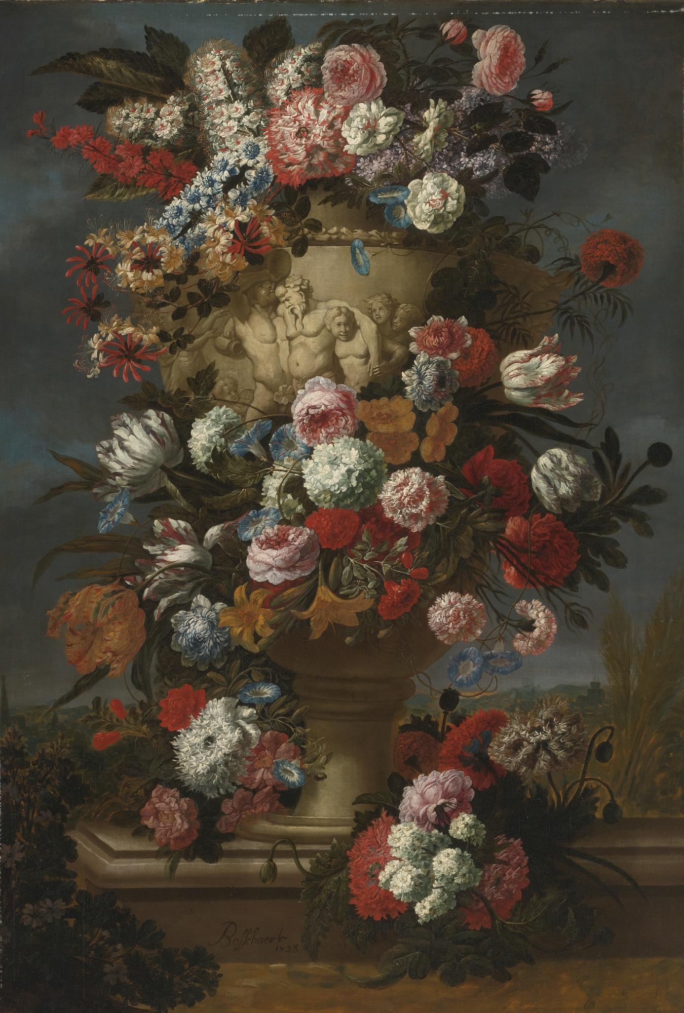 Jan Baptist Bosschaert - Flowers In A Sculpted Urn In A Landscape