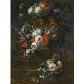Jan Baptist Bosschaert - Still Life Of Morning Glory, Roses, A Parrot Tulip, Chrysanthemums And Other Flowers In Stone Vase, On A Stone Ledge