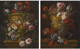 Jan Baptist Bosschaert - Still Lifes Of Flowers In Sculpted Stone Urns