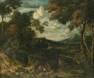 Jan Baptist Huysmans - A wooded landscape with classical figures on a path and by a stream, a villa beyond
