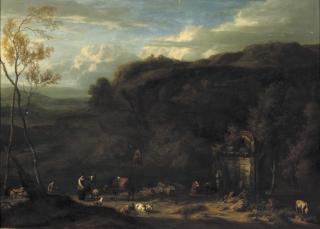 Jan Baptist Huysmans - An Italianate landscape with peasants and animals near a classical fountain