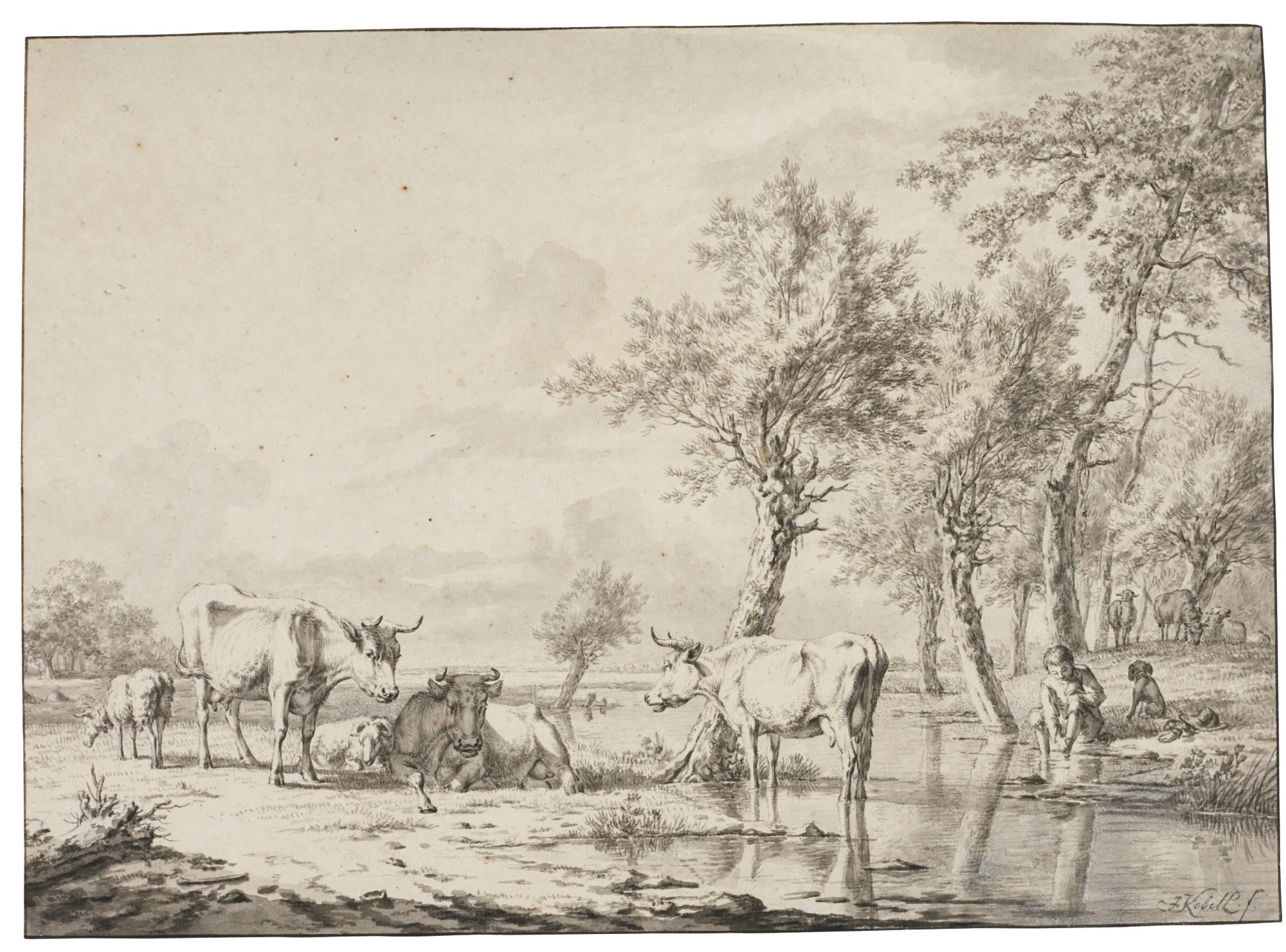 Jan Baptist Kobell Ii - Flat Landscape In Holland With Animals And A Shepherd Boy By A Stream
