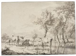 Jan Baptist Kobell Ii - Flat Landscape In Holland With Animals And A Shepherd Boy By A Stream