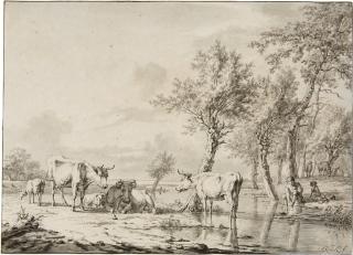 Jan Baptist Kobell II. - Landschaft mit Hirten und Vieh an der Tränke.