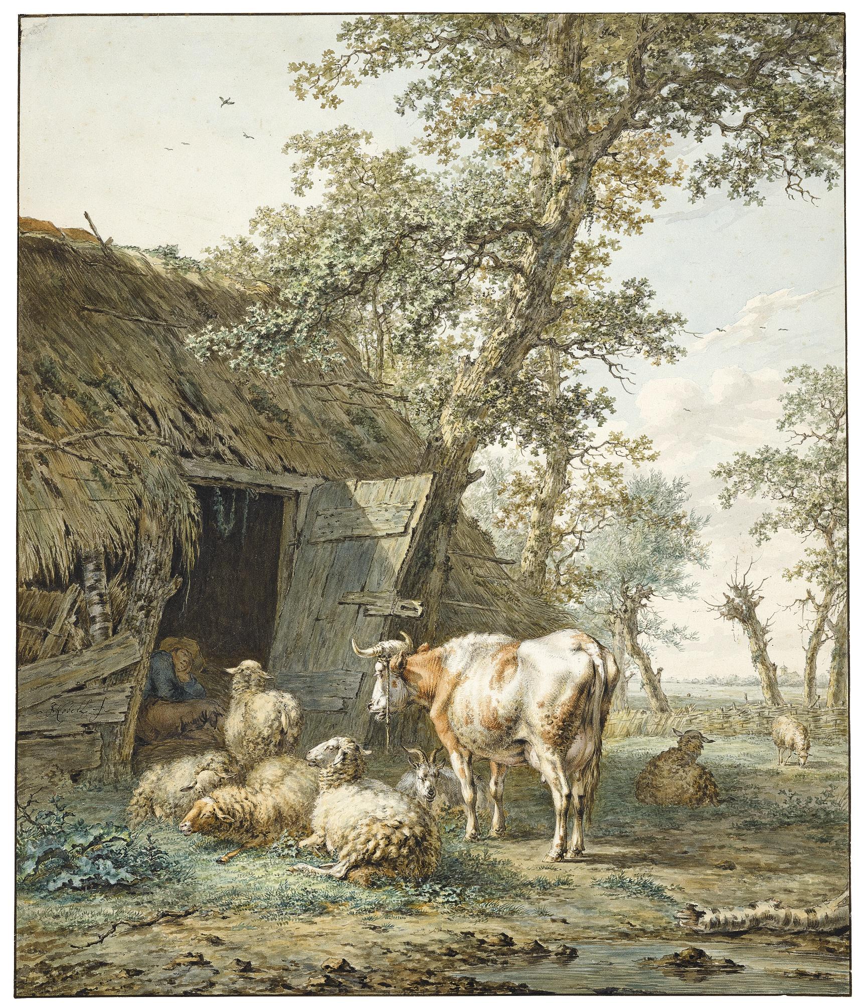 Jan Baptist Kobell - A Shepherd Resting In A Cowshed, While His Flock Look On