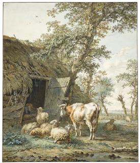 Jan Baptist Kobell - A Shepherd Resting In A Cowshed, While His Flock Look On