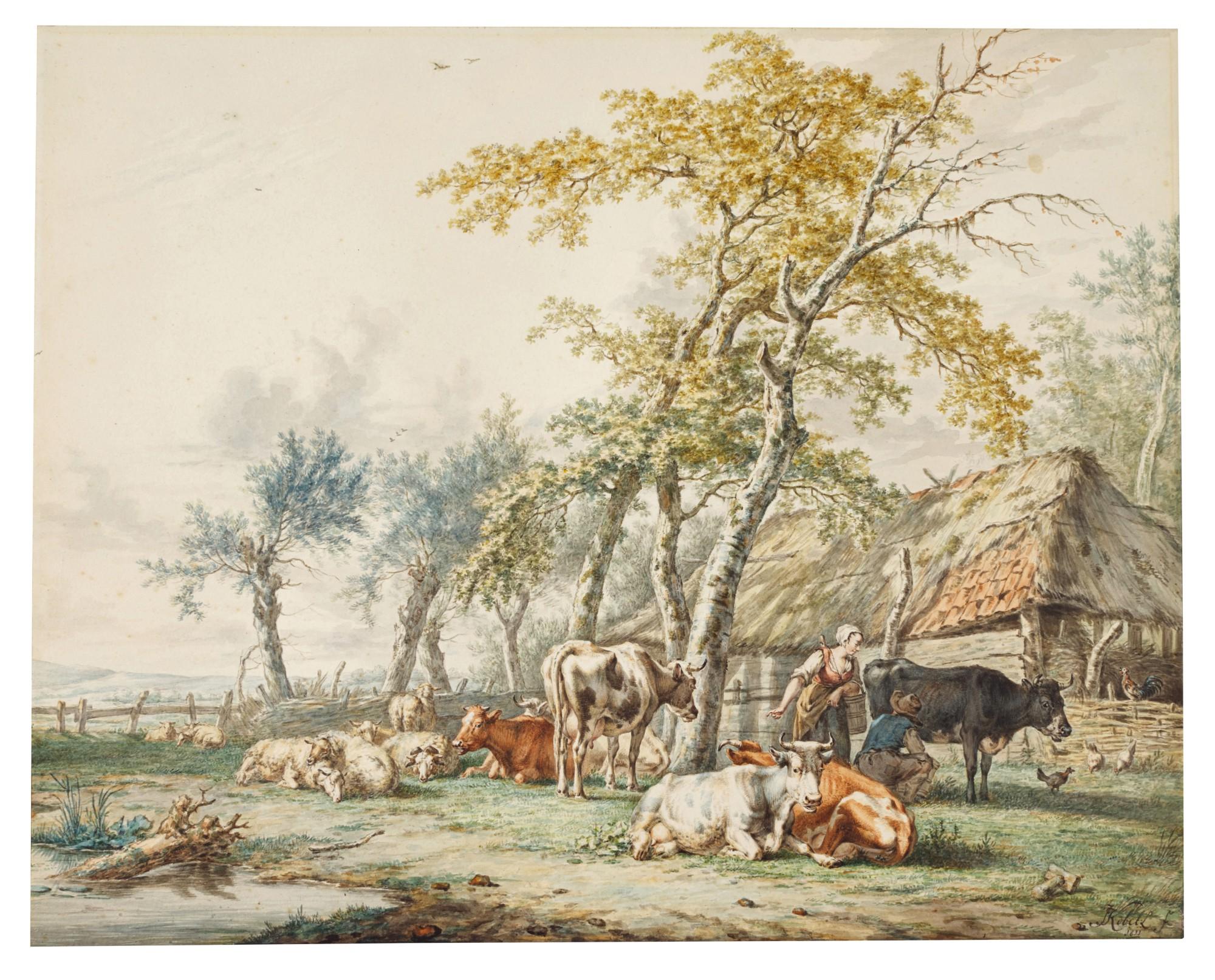 Jan Baptist Kobell - Peasants and flocks before a barn