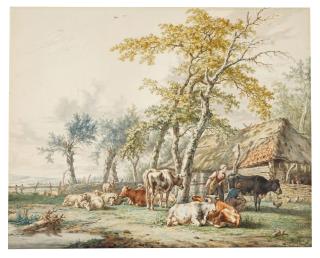 Jan Baptist Kobell - Peasants and flocks before a barn