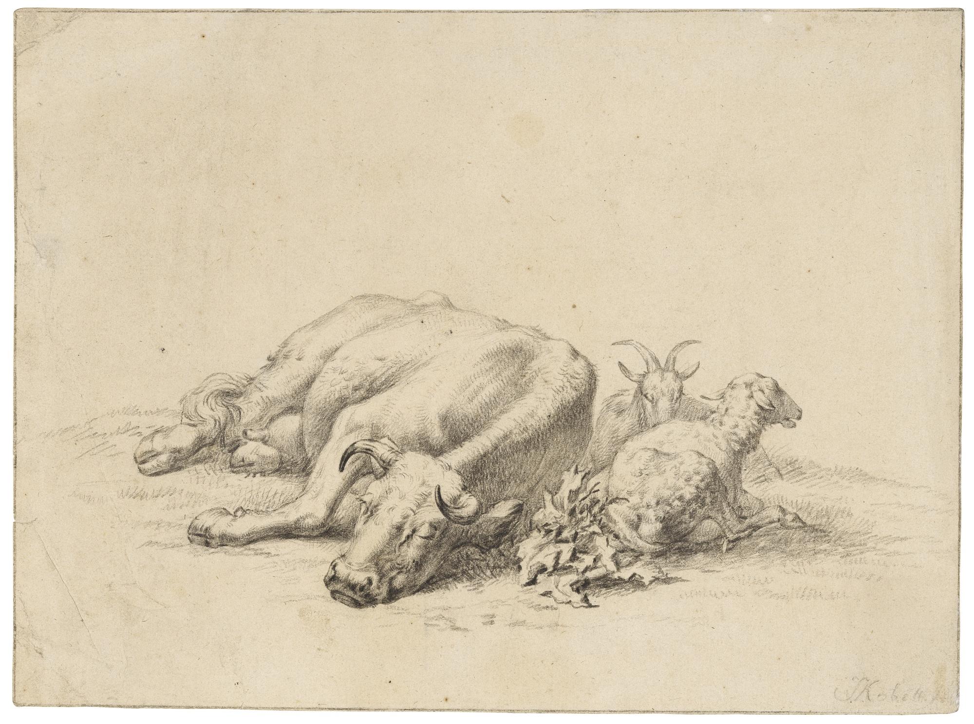 Jan Baptist Kobell - Study Of A Sleeping Cow With A Sheep And Goat