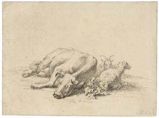 Jan Baptist Kobell - Study Of A Sleeping Cow With A Sheep And Goat