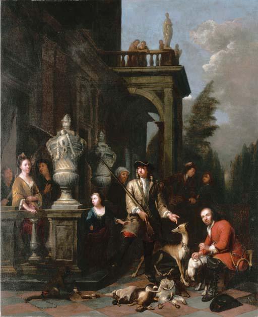 Jan Baptist Lambrechts - A family hunting group outside a Neoclassical mansion