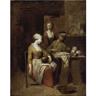 Jan Baptist Lambrechts - A Tavern Interior  With A Gentleman Holding A Pipe And A Maid Holding A Gourd, A Serving Girl Beyond