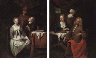 Jan Baptist Lambrechts - An Elegant Couple And A Servant In An Interior With Wine On A Table; And A Couple In An Interior With Food And Wine On A Table
