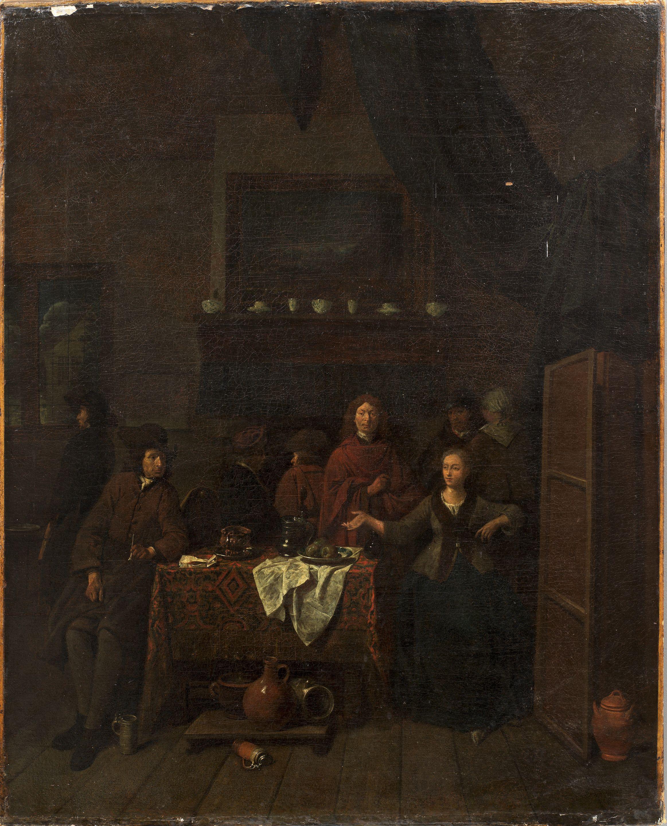 Jan Baptist Lambrechts - An interior scene with figures dining unframed