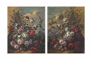 Jan-Baptist Morel - Roses, parrot tulips, peonies, daisies and other flowers before a sculpted pyramid; and Roses, parrot tulips, peonies and other flowers before a sculpted pyramid