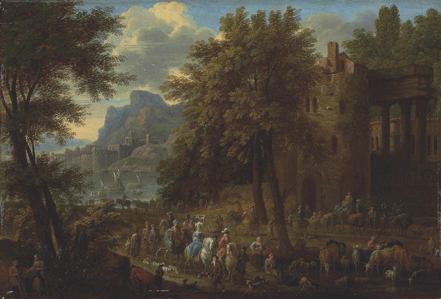 Jan Baptist van der Meiren - A wooded landscape with an elegant company passing through architectural ruins, with a castle and harbour beyond
