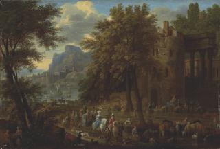 Jan Baptist van der Meiren - A wooded landscape with an elegant company passing through architectural ruins, with a castle and harbour beyond