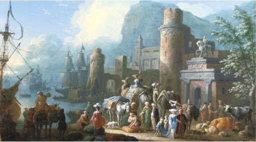 Jan Baptist van derMeiren - A Capriccio View of A Levant Harbour With Travellers, Camels And Other Animals On A Quay